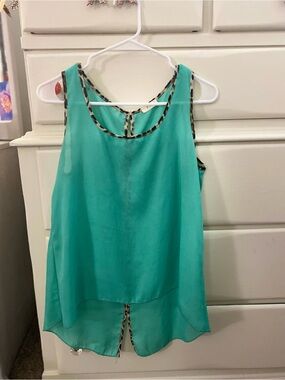 Sleeveless Teal Chiffon Shell Top with Leopard Trim- Preowned Great Condition- S